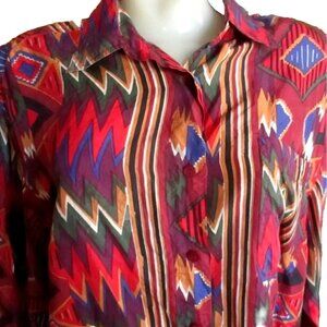Vintage Express 100% Silk Multicolor Aztec Print Button-Up Long Sleeve Shirt Siz
